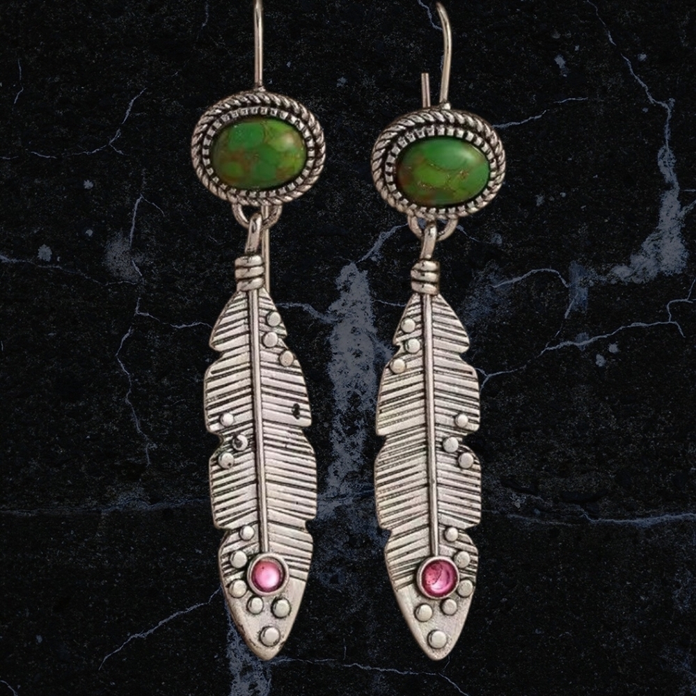 NET Silver tone Feather Earrings with Green Stone & Pink Rhineston